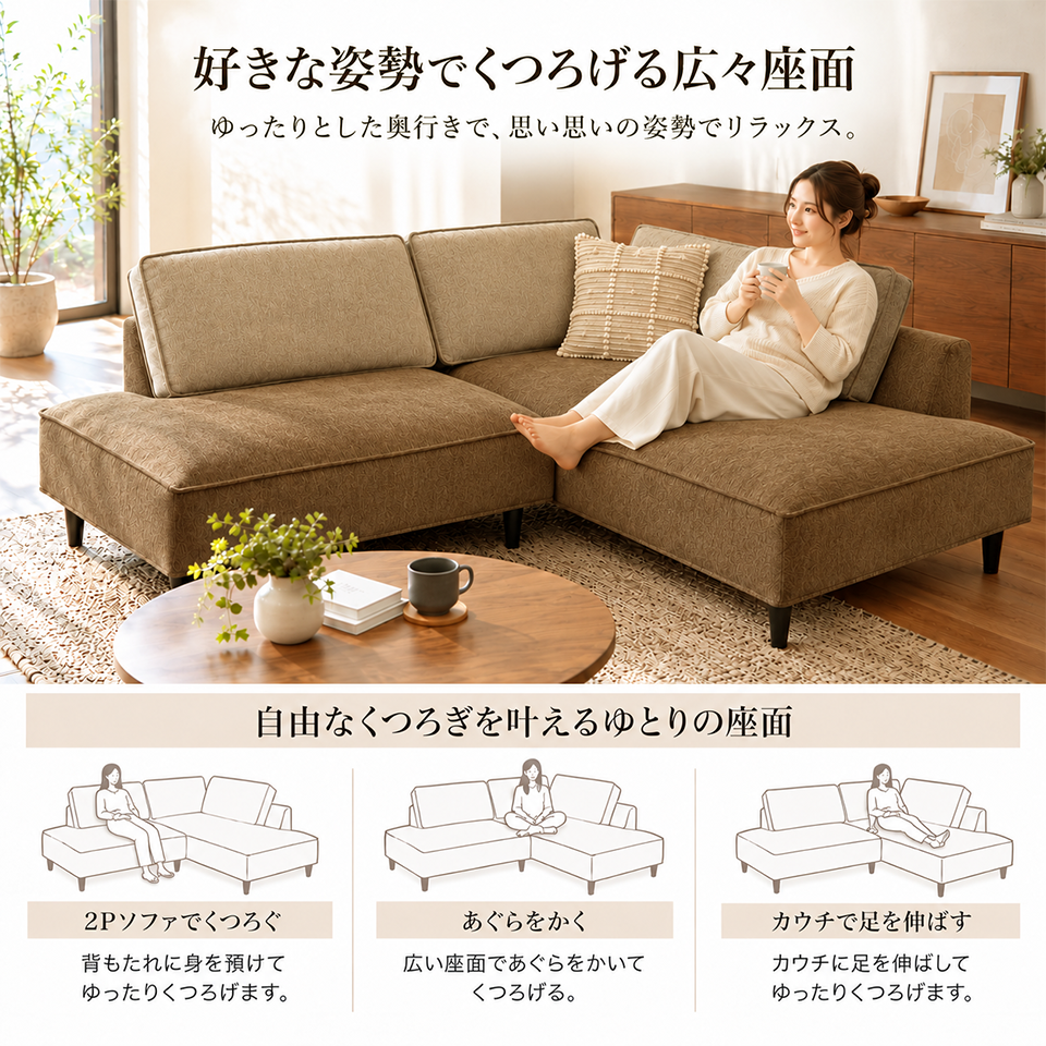 カウチソファ 2人掛け YU6628C ブラウン【送料・開梱設置無料】