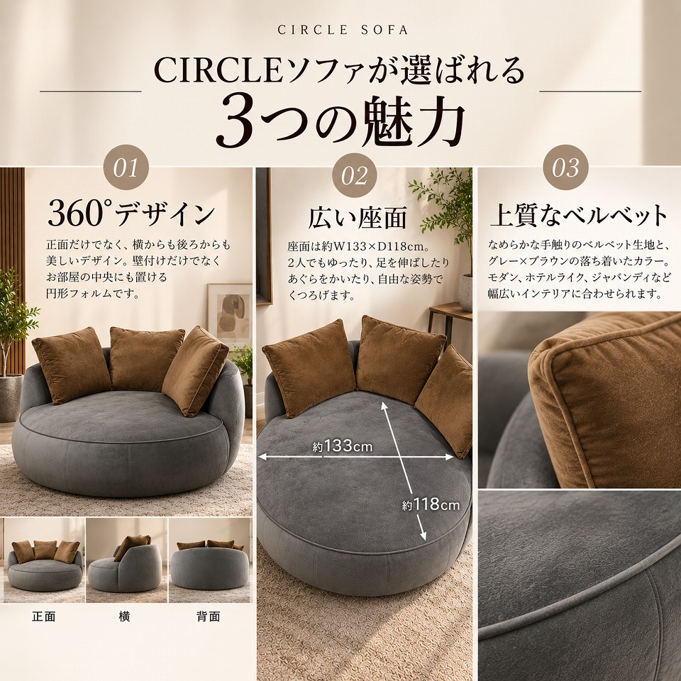 ソファCIRCLE 2人掛け【送料・開梱設置無料】グレー/ブラウン